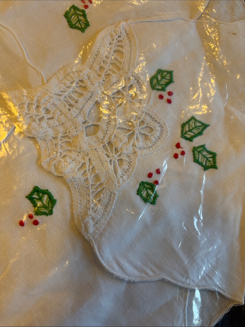 Vintage Embroidered Holly Breadbasket Liner. New Old Stock.